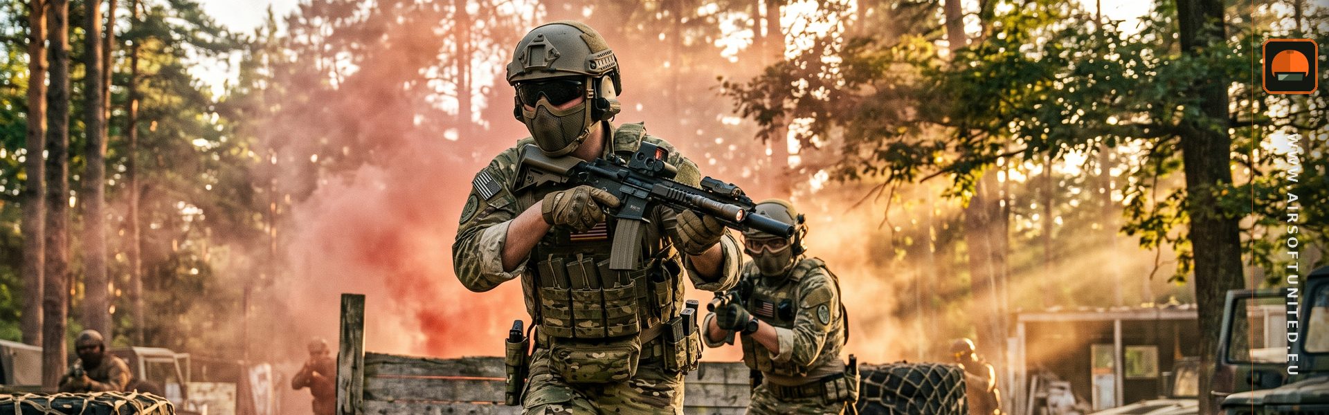 Image d'ambiance d'Airsoft United: deux joueurs en multicam traversent une fumée rouge sur un terrain boisé